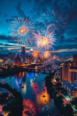 Naklejka premium Fireworks over downtown Austin skyline at night reflecting on river during city celebration event