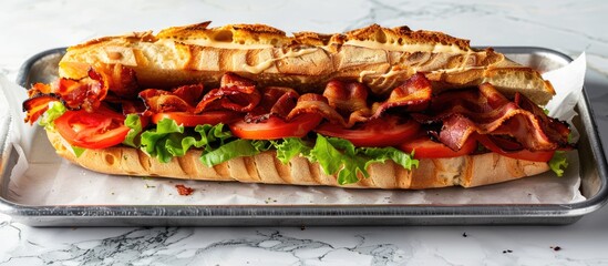 Baguette sandwich with a twist of bahn-mi style, consisting of bacon, grilled cheese, tomatoes, and lettuce served on a metal tray against a white marble backdrop.