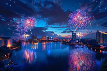 Fototapeta premium Fireworks over downtown Orlando skyline during night celebration event reflecting on lake water