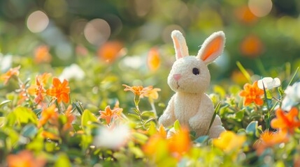 Fototapeta premium Plush bunny toy nestled among vibrant spring flowers in a sunny garden setting.