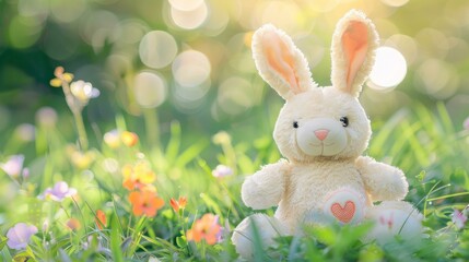 Obraz premium Plush bunny toy in spring garden with colorful flowers and bright sunlight for children s products or seasonal promotions