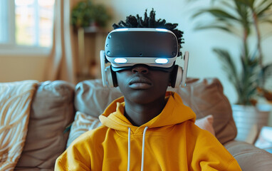 A young person wearing a virtual reality headset sits on a couch and looks intently ahead. They are wearing a yellow hoodie and are lost in the virtual world