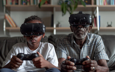 A grandfather and his grandson are both wearing VR headsets and holding controllers while playing video games together