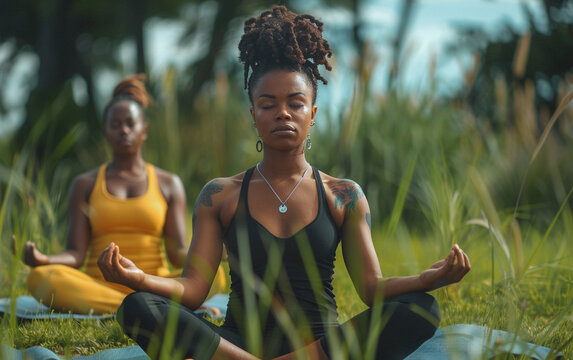 A woman practices yoga and meditation in a grassy outdoor space. She is wearing a black tank top and black pants, and her hair is pulled back in a bun. A friend sits behind her