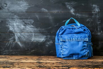 Detailed close up of bright blue school backpack on aged desk, chalkboard background softly blurred