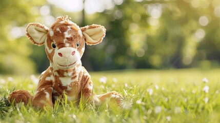 Adorable plush giraffe toy sitting on lush green grass with bokeh background in sunny outdoor park setting