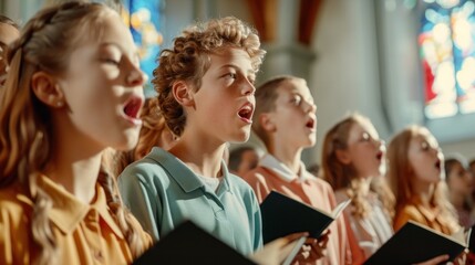 A group of children are singing in a church. The children are wearing yellow shirts and are holding black books. Scene is joyful and uplifting, as the children are singing together in a group