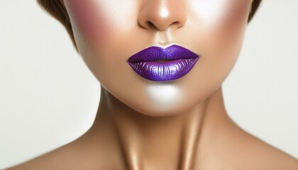 Close up portrait of a woman. Purple metallic lips and beautiful makeup; perfect skin; Lower part of  face. High Fashion Editorial 