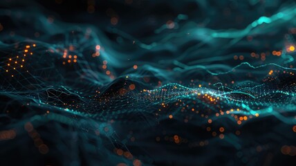 Abstract art of digital network with glowing orange and blue dots on a dark background. digital art of glowing lines and dot connecting. Technology and data visualization concept for wallpaper. AIG53F