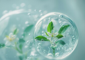 white flower in a bubble with water droplets on it, surrounded by lush green leaves. The background is a deep blue color,  generative ai