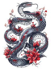 Obraz premium A snake with red flowers on it