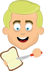 vector illustration face man cartoon blonde and blue eyes, spreading butter on a slice of bread with a spreader