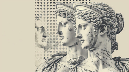Naklejka premium Halftone print with roman marble statues
