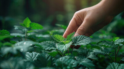 Fototapeta premium A hand is touching a leafy green plant. The plant is lush and green, and the hand is gentle and careful as it touches the leaves. Concept of calm and appreciation for nature
