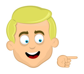 vector illustration face man cartoon blonde and blue eyes, with the index finger of the hand pointing