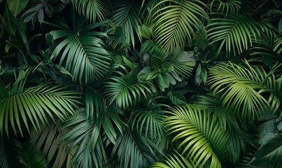 A dense tropical jungle filled with lush palm trees and various green plants.