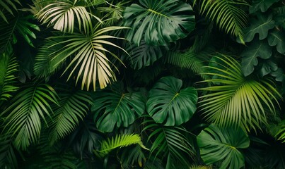 A vibrant tropical jungle filled with dense palm trees and lush green ferns.