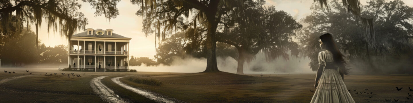 A woman in a white dress stands on a path before a large, antebellum house with a long, winding driveway. The house is surrounded by trees and mist, creating an ethereal atmosphere