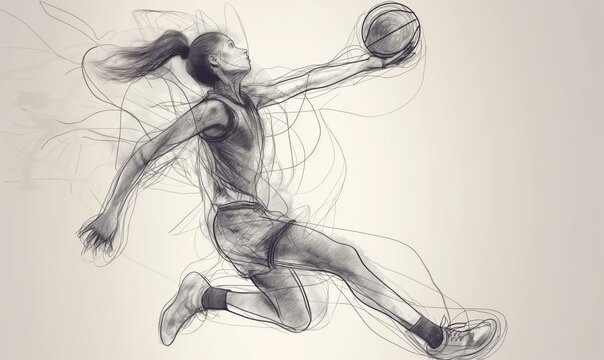 A dynamic sketch of a basketball player in mid-air, capturing motion and energy.