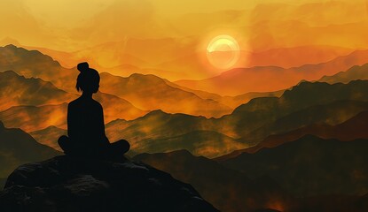 Fototapeta premium A silhouette of an individual meditating amidst golden-hued mountains at sunset.