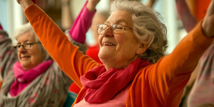 Elderly women engaged in a chair exercise class, participating in low-impact movements.