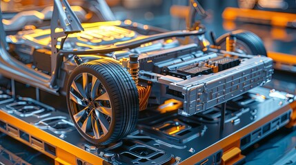 Fototapeta premium Innovative Electric Vehicle Engineer Developing Cutting-Edge Advanced Batteries in High-Tech Lab Environment. 