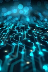 Obraz premium Glowing blue circuit board in dark abstract space with radiant light lines for futuristic concept