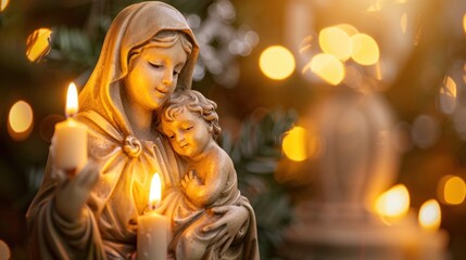 A statue of a woman holding a baby with candles in her hands. The scene is lit up with a warm, cozy glow