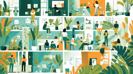 Illustration depicting a diverse team of professionals working together in a modern office space filled with lush greenery