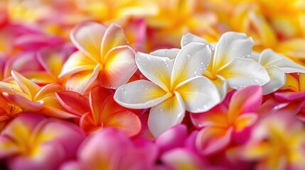 Fototapeta premium A bunch of flowers with a mix of pink and white. The flowers are arranged in a way that they are overlapping each other. Hawaiian culture, heritage, vacation concept