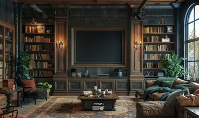 Cozy den with a blank TV screen