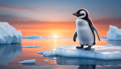 Fototapeta premium Illustrate a baby penguin standing on an ice floe, with a backdrop of a beautiful polar sunset. The penguin should look cuddly and round, with a slightly awkward stance and a cute expression. 