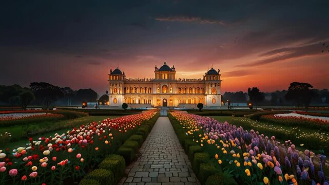 luxury palace house building with a large yard full of flowers. Seamless looping 4k video animation