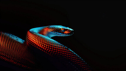 Obraz premium Beautiful large iridescent snake on a black background with space for text