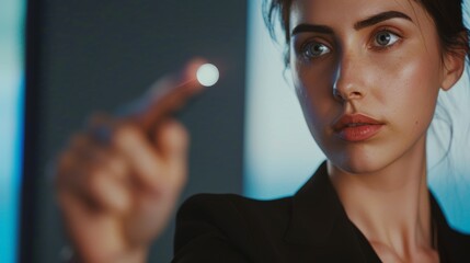 Businesswoman using futuristic touchscreen technology on interactive digital board in modern office