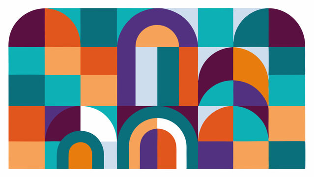 Colorful geometric abstract background featuring arches and squares in vibrant hues of orange, teal, and purple, creating a modern and playful design with a retro feel