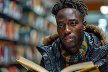 An attentive young man studies in a library, surrounded by rows of books, deeply engaged in reading and embodying the pursuit of knowledge and academic dedication.