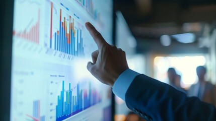 Businessman gestures towards a sizable interactive screen showing financial data and graphs