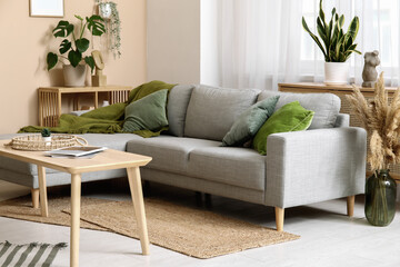 Interior of stylish living room with grey sofa, table and green plants
