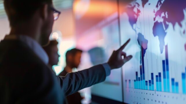 Businessman presenting global business data on interactive screen to colleagues in modern office