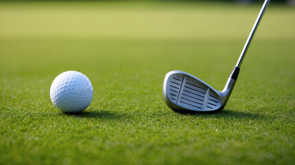 Golf ball and a golf club trying to hit, professional golf court with green grass