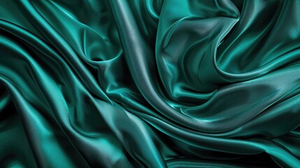 Fototapeta premium Luxurious dark teal background with space for design on silky green fabric
