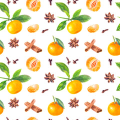 Obraz premium Citrus and Spice Pattern with Mandarin and Star Anise, perfect for culinary and kitchen designs