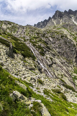 Velicky vodopad waterfall above Velicke pleso lake near Sliezsky dom on Velicka dolina valley in Vysoke Tatry mountains in Slovakia © Mareks