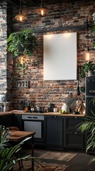 Industrial kitchen with a blank canvas on the brick wall