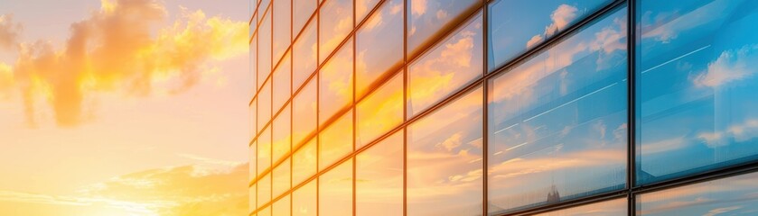 Glass facade of a modern building reflecting a vibrant sunset sky with clouds.