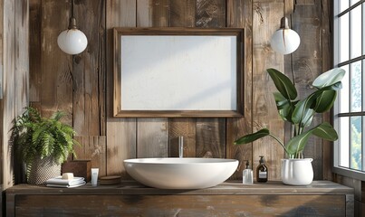 Rustic bathroom with a mockup frame above the sink