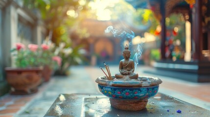 Fototapeta premium A small statue of a Buddha sits in a bowl with incense burning. The scene is peaceful and serene, with the incense smoke rising and the statue casting a calming presence