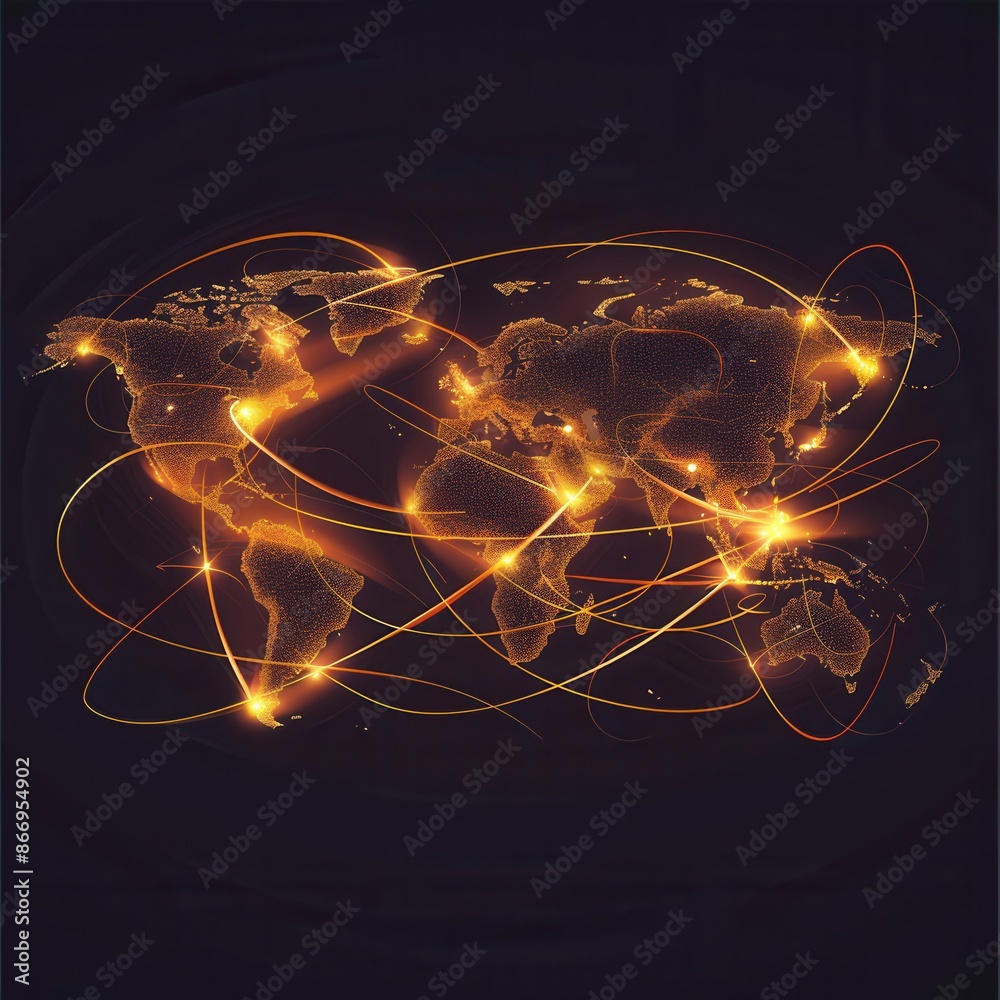 Fototapete a minimalist world map design showcasing illuminated routes connecting various cities and continents