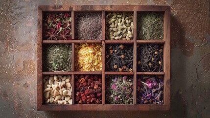 A wooden box with many different herbs and spices inside. The box is full of various herbs and spices, including some that are green and some that are red